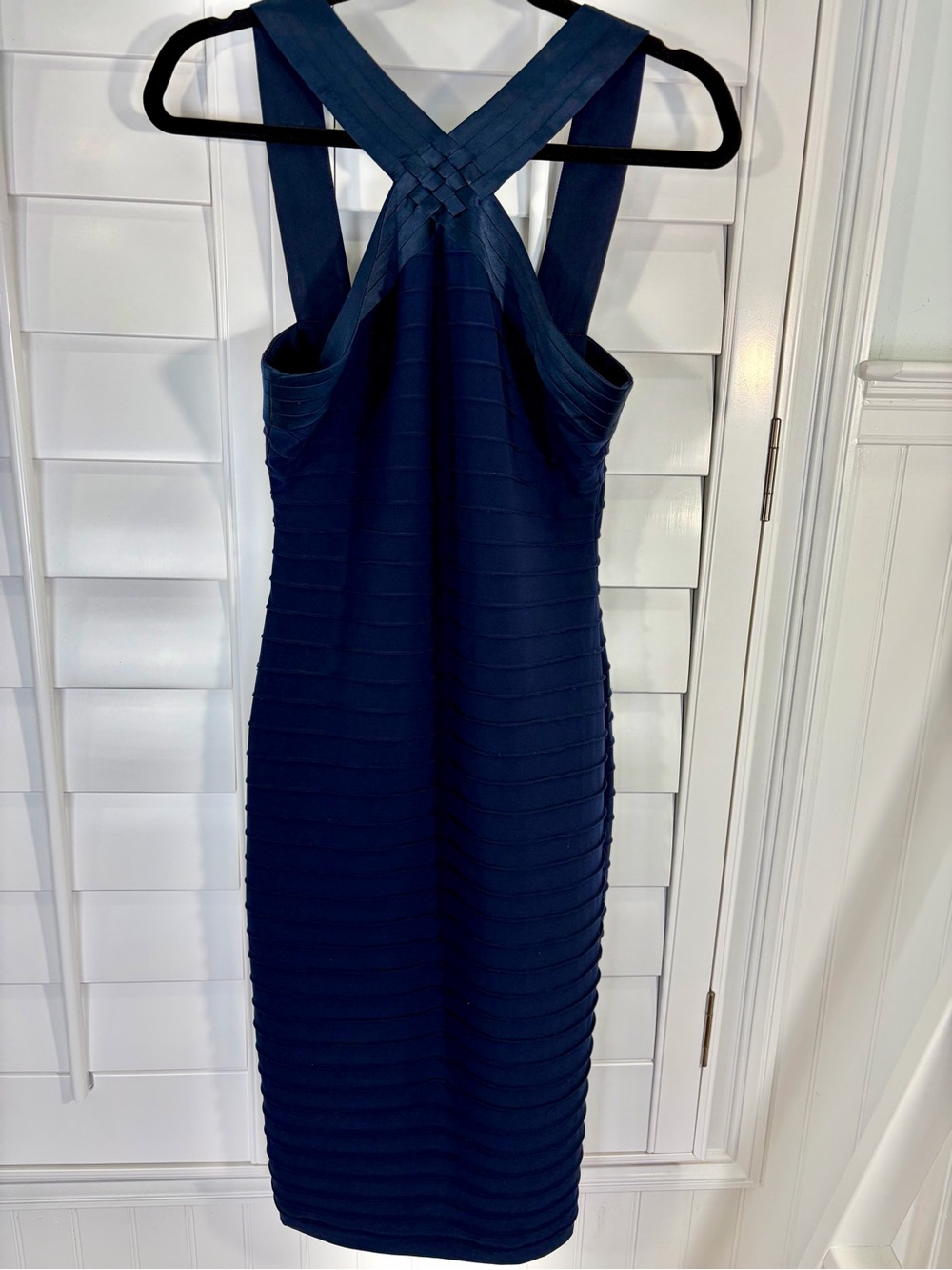 WHBM Navy Cross-Front Bodycon Midi Dress (2) - Picture 2 of 9